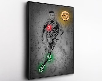 Cristiano Ronaldo Portugal Football Neon Canvas Wall Art, Soccer Graffiti Print, Urban Sports Decor, Man Cave Gift