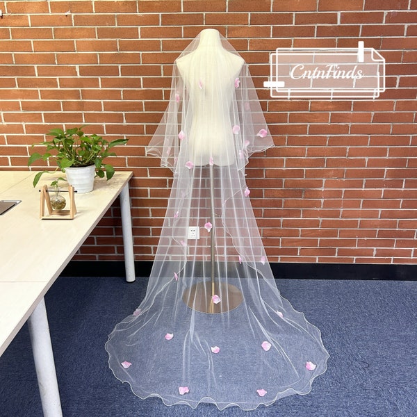 Pink Flower Wedding Veil, Cute Flower Bridal Veil, Ivory Flower Embroidery Lace Veil, Chapel Unique Veil, Custom Wedding Veil