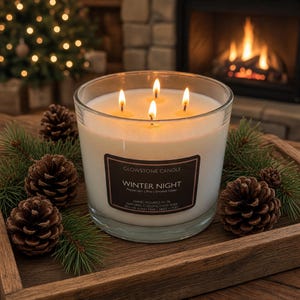 May include: A clear glass jar candle with four lit wicks and white wax. The label reads GLOWSTONE CANDLE WINTER NIGHT Peppercorn | Pine | Smoked Cedar HAND-POURED IN TX NATURAL COCONUT/SOY WAX 80+ HR BURN TIME | 28OZ | 793G.