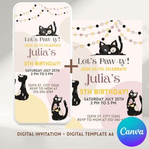Canva birthday invitation template, text personalization, pattern in pastel tones, A6, girl, baby, with cats, child, boy, Pawty, pink