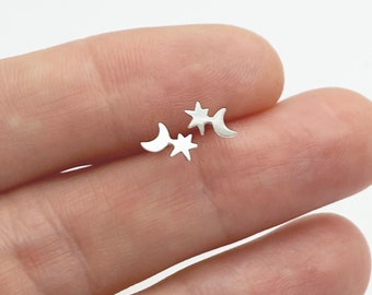 Brincos de estrela e lua, brincos simples e minimalistas para o dia a dia, feitos à mão em prata de lei.