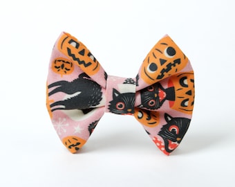 Dog Bow Tie • Retro Cats & Pumpkins • Small Wide Bow