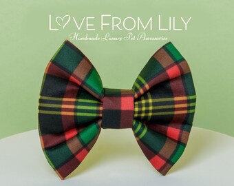 Dog Bow Tie • Retro Christmas Plaid • Small Wide Bow • Organic Cotton Sateen