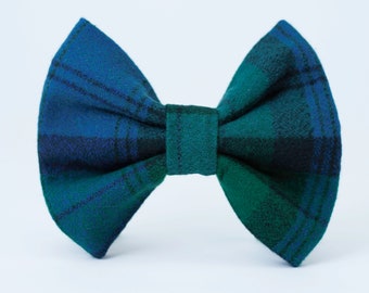 Dog Bow Tie • Organic Green & Blue Plaid Flannel • Large Wide Bow