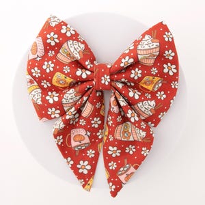 Latte Hot Chocolate Fall Extra Large Sailor Dog Bow Tie Dog Bow Tie | Floral Orange White Dog Bow | Detachable Pet Collar Bow