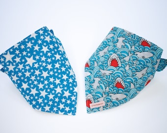 Reversible Dog Bandana • Shark Waves • Blue Stars