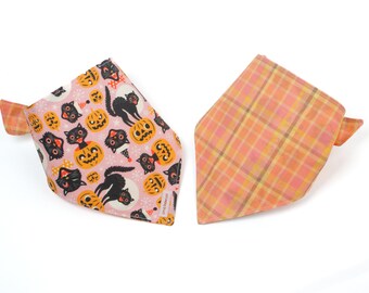 Reversible Dog Bandana • Retro Cats & Pumpkins • Madras Plaid