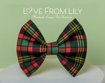 Dog Bow Tie • Retro Christmas Plaid • Large Wide Bow • Organic Cotton Sateen