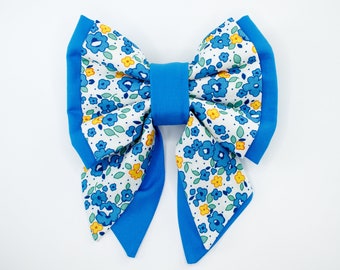 Dog Bow Tie • Bluebell & Blue Floral • Double Layer Wide Sailor Bow