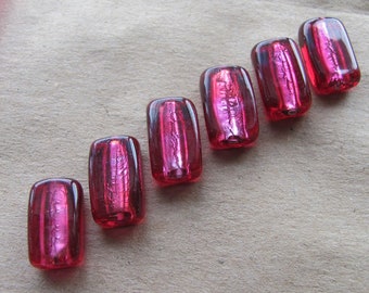 Foil Lined Czech Lampwork- Raspberry- 17x11mm Rectangle