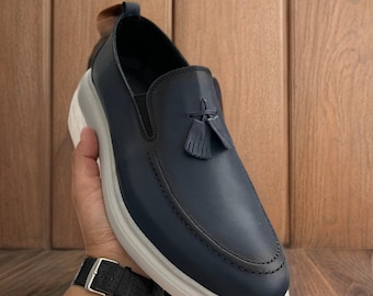 Handcrafted Blue Leather Men's Shoes with White Sole, Made from 100% Genuine Leather! Elegant and Ultra Durable