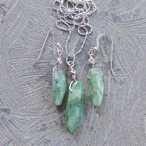 Thai and Sterling Silver Earrings and Pendant Set Handcut Green Kyanite
