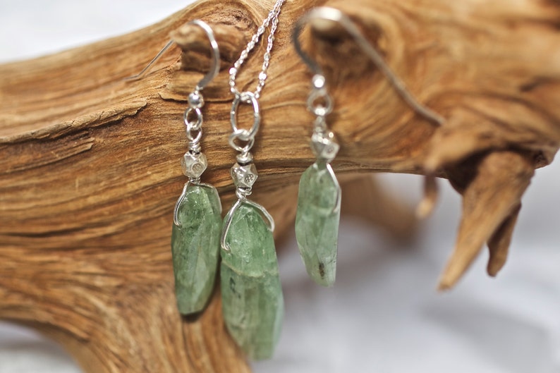 Thai and Sterling Silver Earrings and Pendant Set Handcut Green Kyanite