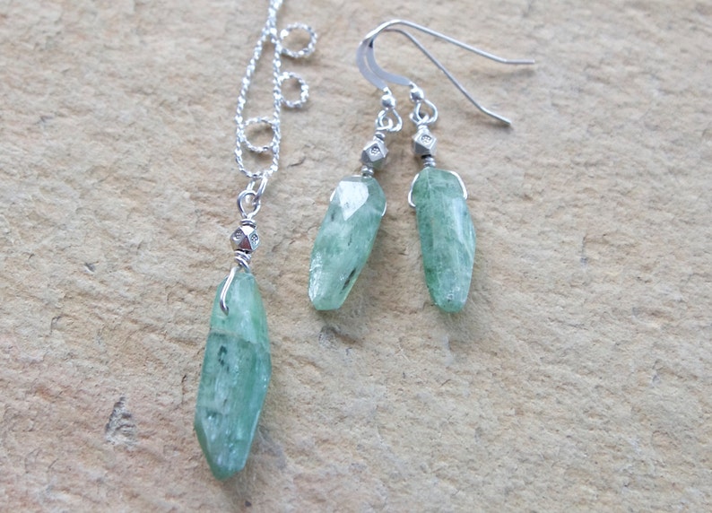 Thai and Sterling Silver Earrings and Pendant Set Handcut Green Kyanite