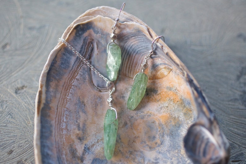 Thai and Sterling Silver Earrings and Pendant Set Handcut Green Kyanite