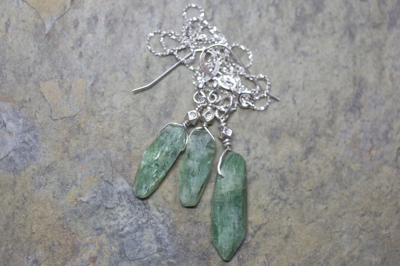 Thai and Sterling Silver Earrings and Pendant Set Handcut Green Kyanite