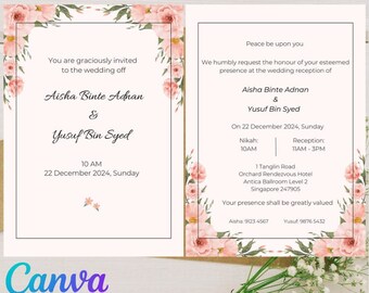 Floral Wedding Invitation Card 5x7, Muslim Friendly, Canva Link