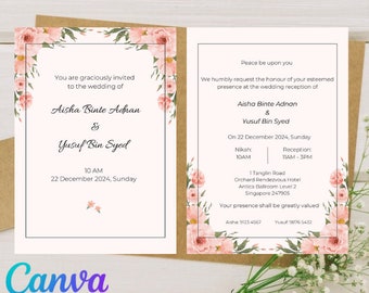 Floral Wedding Invitation Card 5x7, Muslim Friendly, Canva Link