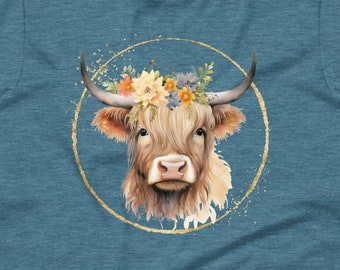 Highland Cow w/ Gold Circle Graphic T-shirt for Women | Western, Country, Boho, Flowers (S-2XL)