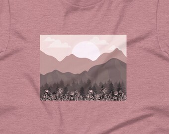 Mountains T-shirt, Pink Gradient, Wildflowers Graphic T-shirt, Mountain Love, Hiking T-shirt, Gift for Her (S-2XL)