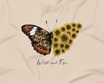 Wild and Free Graphic T-shirt for Women | Butterfly, Sunflowers, Leopard Print | Boho (S-2XL)