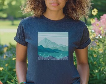 Mountains T-shirt, Blue Gradient, Wildflowers Graphic T-shirt, Mountain Love, Hiking Shirt, Camping Shirt (S-2XL)