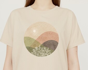 Mountains T-shirt, Wildflowers, Sun, Abstract T-shirt, Hiking T-shirt, Camping T-shirt (S-2XL)