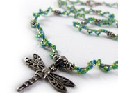 DRAGONFLY beaded necklace, spring green shades, miyuki glass delicas, sterling silver charm, beadwoven miyuki beads