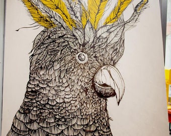 May include: A detailed pen and ink drawing of a cockatoo. The bird's feathers are rendered in intricate black lines, with a yellow crest. The artwork is on a white canvas, showcasing the bird's profile.