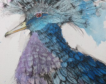 May include: Watercolor illustration of a bird with a striking blue and purple plumage. The bird has a prominent crest of blue feathers and a red eye. The artwork is detailed, with visible brushstrokes and a focus on texture.