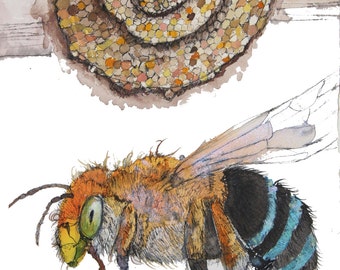 May include: Watercolor illustration of a bee in flight, featuring orange, black, and blue stripes. The bee has large green eyes and is positioned below a spiral-shaped structure with a honeycomb pattern. The artwork is set against a white background.