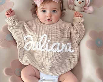 Hand Embroidered Name Sweater Baby, Toddler Sweatshirt, Personalized Sweater Baby, Custom Knit Sweater, Newborn Sweater, First Birthday Gift