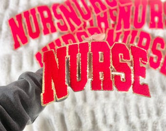 LARGE Nurse Red Iron on Patch Cute Gift Embroidery Clothing DIY Shirt Applique Ready to Press idea Transfer Patch with Gold Edge Patches