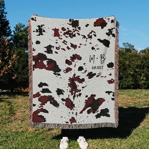Personalized Woven Blanket Custom Wedding Gift Western Cow Print Anniversary Throw Rustic Ranch Couple Keepsake Cowboy Cowgirl Country Cabin
