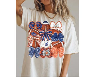 Blauw-oranje Florida voetbalshirt voor meisjes met geschulpte strik, leuk T-shirt voor wedstrijddagen, geïnspireerd op de universiteit, flirterig sportfan-shirt, bijpassend T-shirt voor het hele gezin.