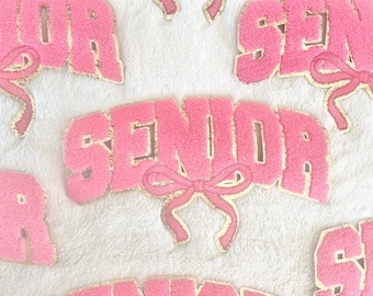SENIOR Coquette Bow Iron on Ready to Apply Pink Ribbon Senior Gift Sweater Bubble Gum Pink Chenille Application Cotton Candy Shirt Hat 2026