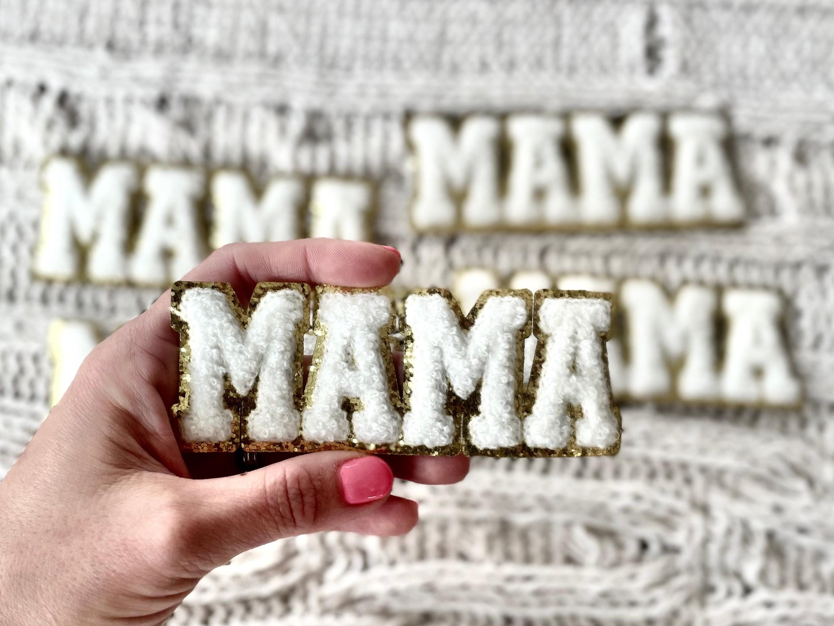 Mama Iron on Patch White Gold Classic Minimalist Makeup Bag Transfer Hat Ready to Press Heat Press Application Chenille New Momma Mom Letter