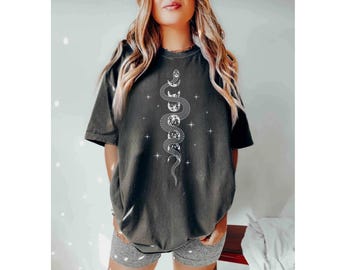 Koszulka z motywem węża w stylu Cottagecore, mistyczna, wróżkowa, kość słoniowa, botaniczna, astrologiczna, boho, gwiazda, księżyc, czarownica, duchowa, duża, studencka, dla nastolatków