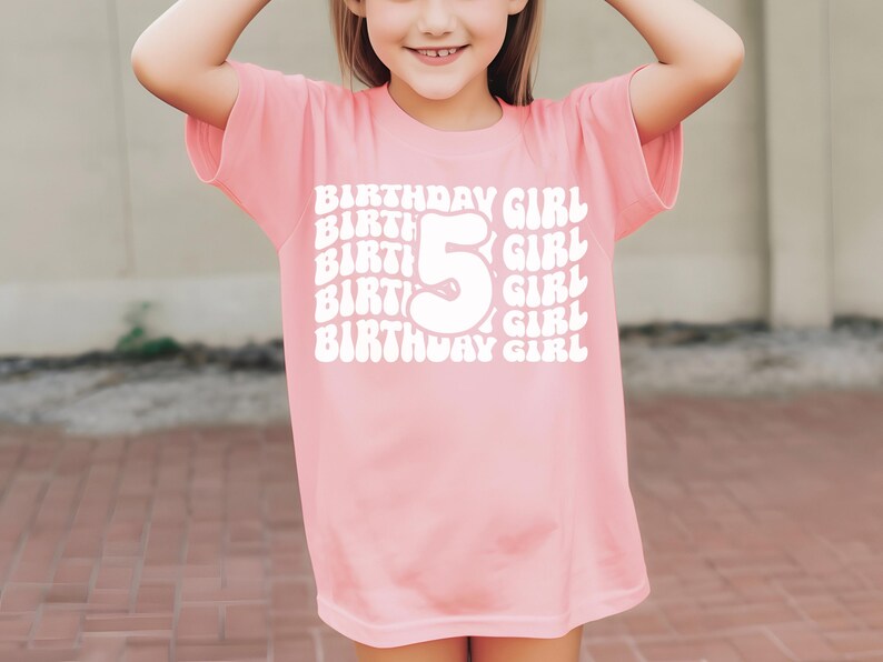 5th Birthday Girl Shirt Girl Tee Trendy Birthday Shirt School Apparel Youth Girl Top five years old Tee fifth Birthday Wavy Retro Child idea