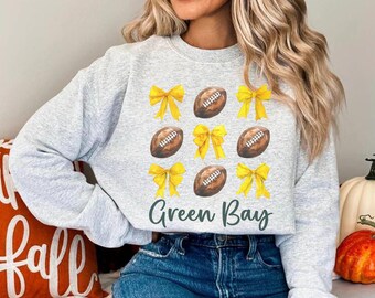 Green Bay Football Crewneck Sunday Football Sweater Wisconsin Gift Fan Woman Sweater Trendy Coquette Bow Fan Packers Game Day Hometown Gift