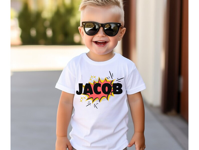 Personalized Boy Name Kid Shirt Custom Back to School Shirt Youth Trendy Word Comic T-Shirt Kid Graphic Tee Power Superhero Top Toddler idea White