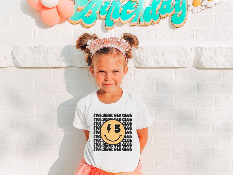 Custom Birthday Number Shirt Personalized Boy Bday Top Gift Girl 5th Birthday Custom Age Tee Fifth Celebration Smiley Face Retro Distressed