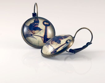 Key Earrings, Antiqued Brass, Digital Art Earrings, Antique Style Earrings, Bird And Key Earrings