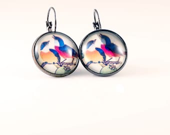 Bird Earrings, Picture Jewelry, Two Birds On A Branch, Fine Art Bird Earrings