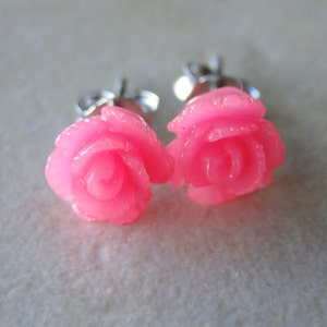 Hot Pink Carved Rose Silver Plated Studs image 3