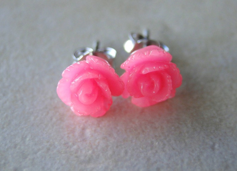 Hot Pink Carved Rose Silver Plated Studs image 3