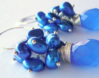 Sterling Silver Wire Wrapped Earrings With Cobalt Blue Chalcedony Briolette Topped With A Cluster Of Blue Freshwater Pearls