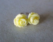 Lemon, Pale Yellow Carved Rose Silver Plated Studs