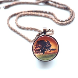 Sunset Landscape With A Single Tree, Vintage Copper, Digital Art Necklace image 1