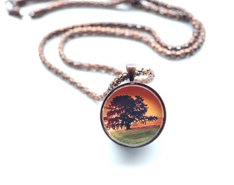 Sunset Landscape With A Single Tree, Vintage Copper, Digital Art Necklace